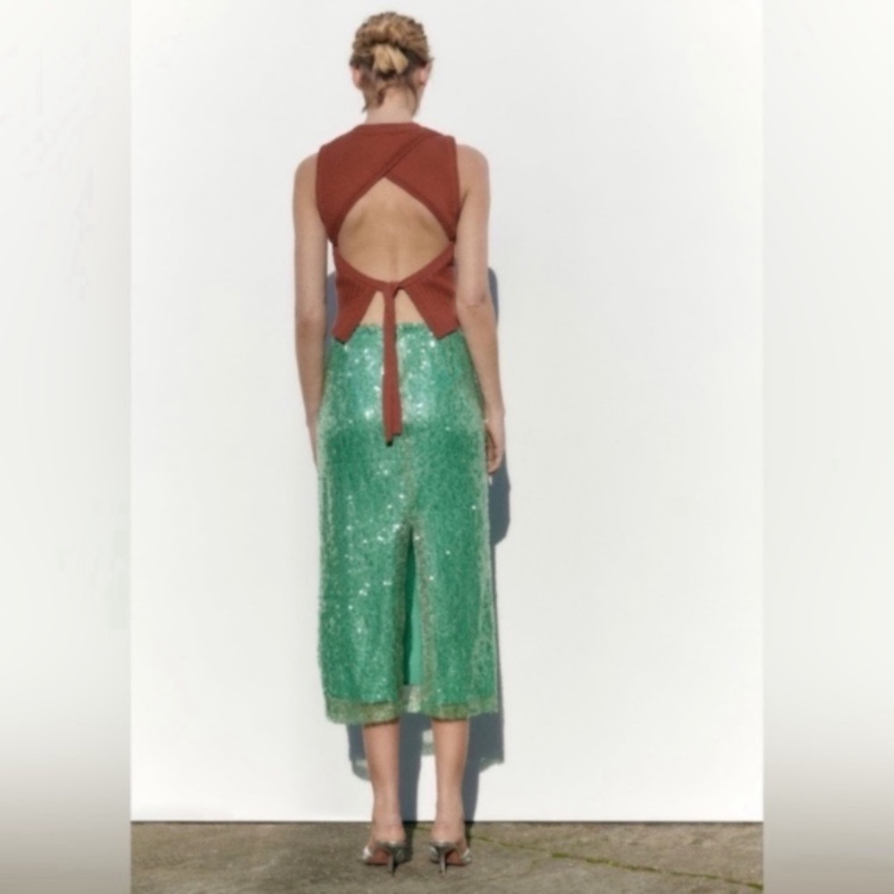 ZARA Sea Green Sequin Lace Pencil Skirt - Picture 13 of 16